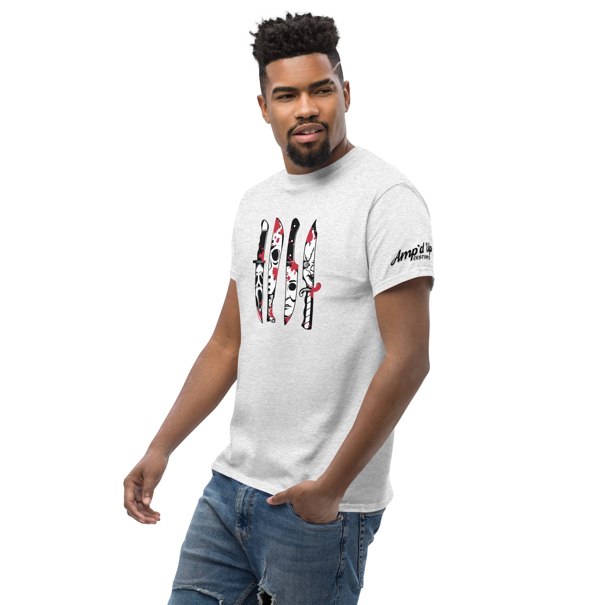 Amp'd Up Custom Horror Movie Classic Knives T-Shirt in light gray worn by a man with graphic knife designs