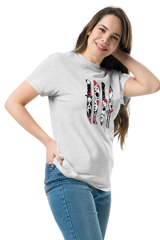 Woman wearing Amp'd Up Custom Horror Movie Classic Knives T-Shirt with knife graphic design