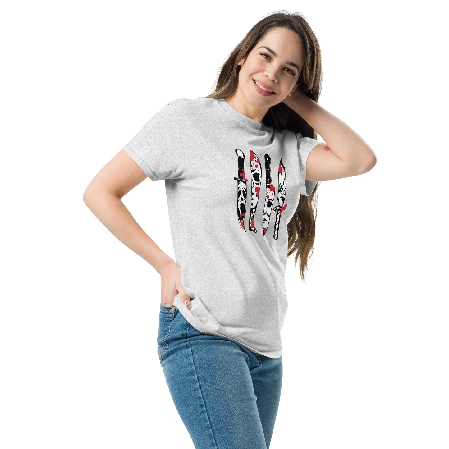 Woman wearing Amp'd Up Custom Horror Movie Classic Knives T-Shirt with knife graphic design