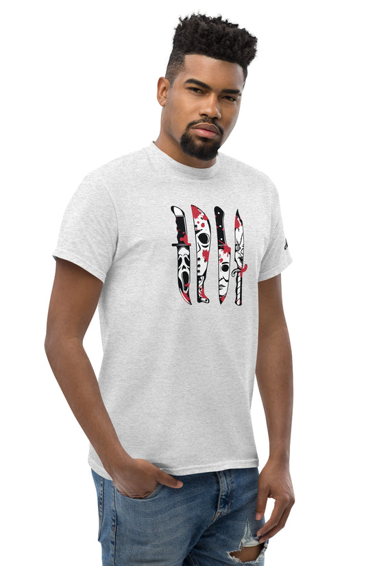 Horror Movie Classic Knives T-Shirt by Amp'd Up Custom worn by man with graphic knives design