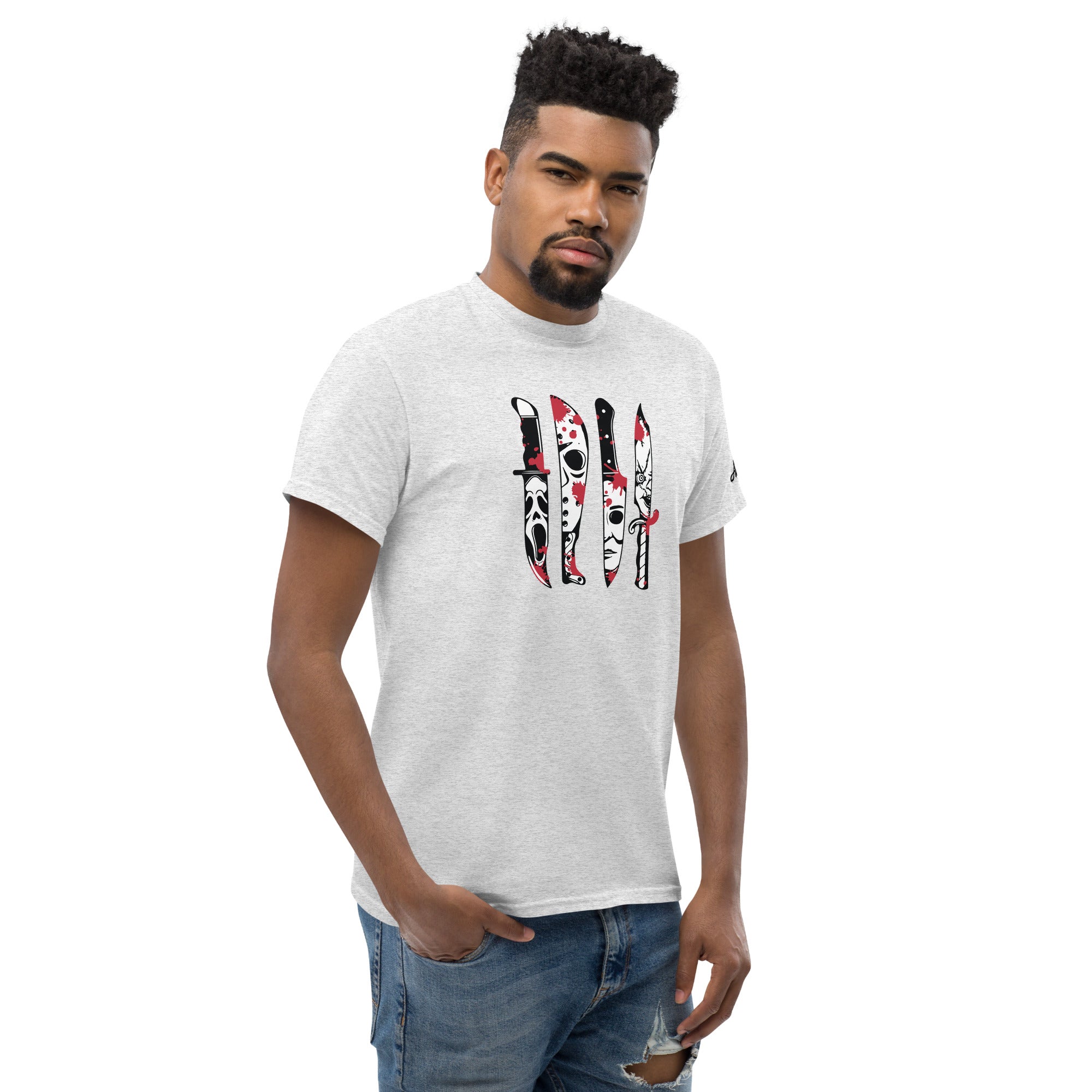 Horror Movie Classic Knives T-Shirt by Amp'd Up Custom worn by man with graphic knives design