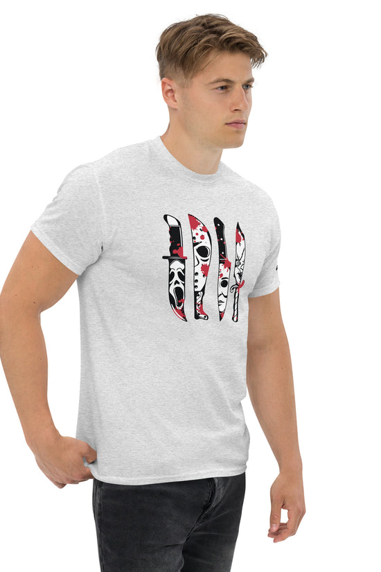 Horror Movie Classic Knives T-Shirt by Amp'd Up Custom worn by a man, featuring iconic horror movie knife designs on a white tee