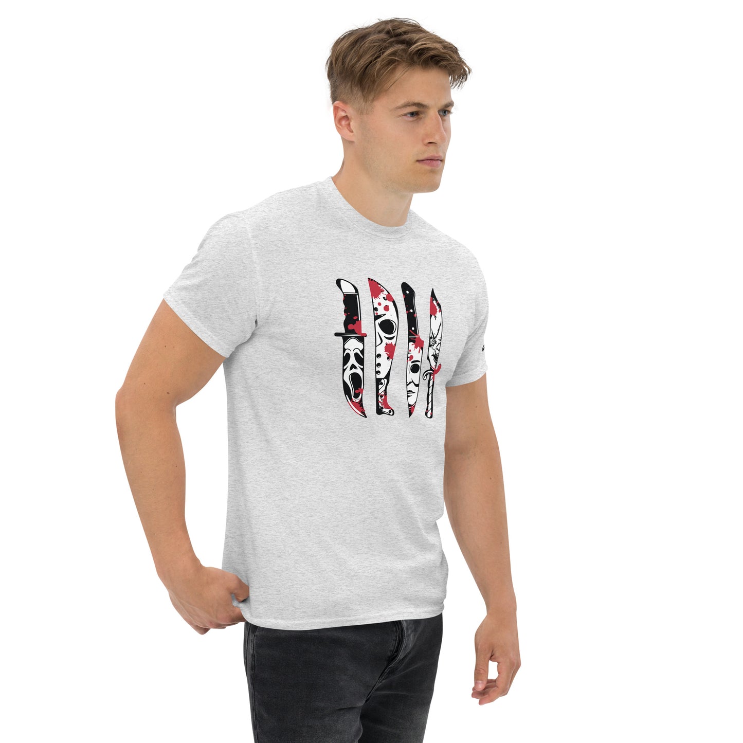 Horror Movie Classic Knives T-Shirt by Amp'd Up Custom worn by a man, featuring iconic horror movie knife designs on a white tee