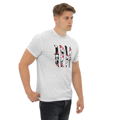 Horror Movie Classic Knives T-Shirt by Amp'd Up Custom worn by a man, featuring iconic horror movie knife designs on a white tee