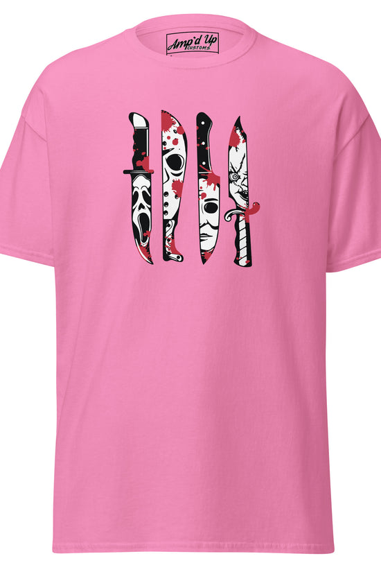 Pink Amp'd Up Custom Horror Movie Classic Knives T-Shirt with iconic horror knife designs