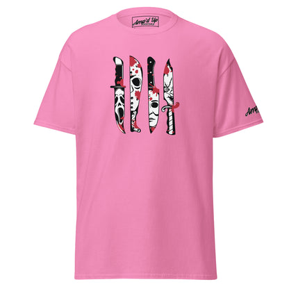Pink Amp'd Up Custom Horror Movie Classic Knives T-Shirt with iconic horror knife designs