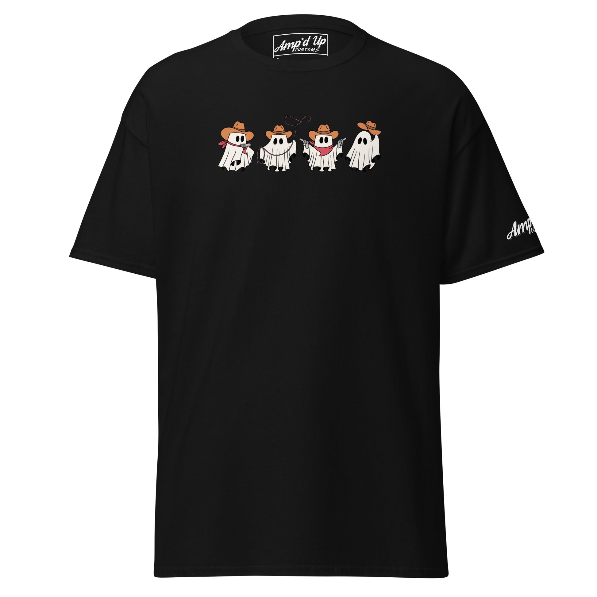 Amp'd Up Custom black Cowboy Ghosts T-Shirt with four cute ghost cowboys wearing hats and bandanas