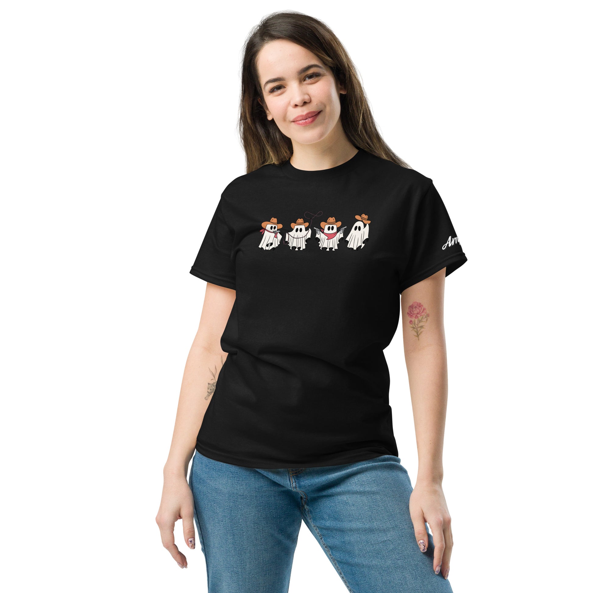 Woman wearing Amp'd Up Custom black Cowboy Ghosts T-Shirt with cute cartoon cowboy ghost designs