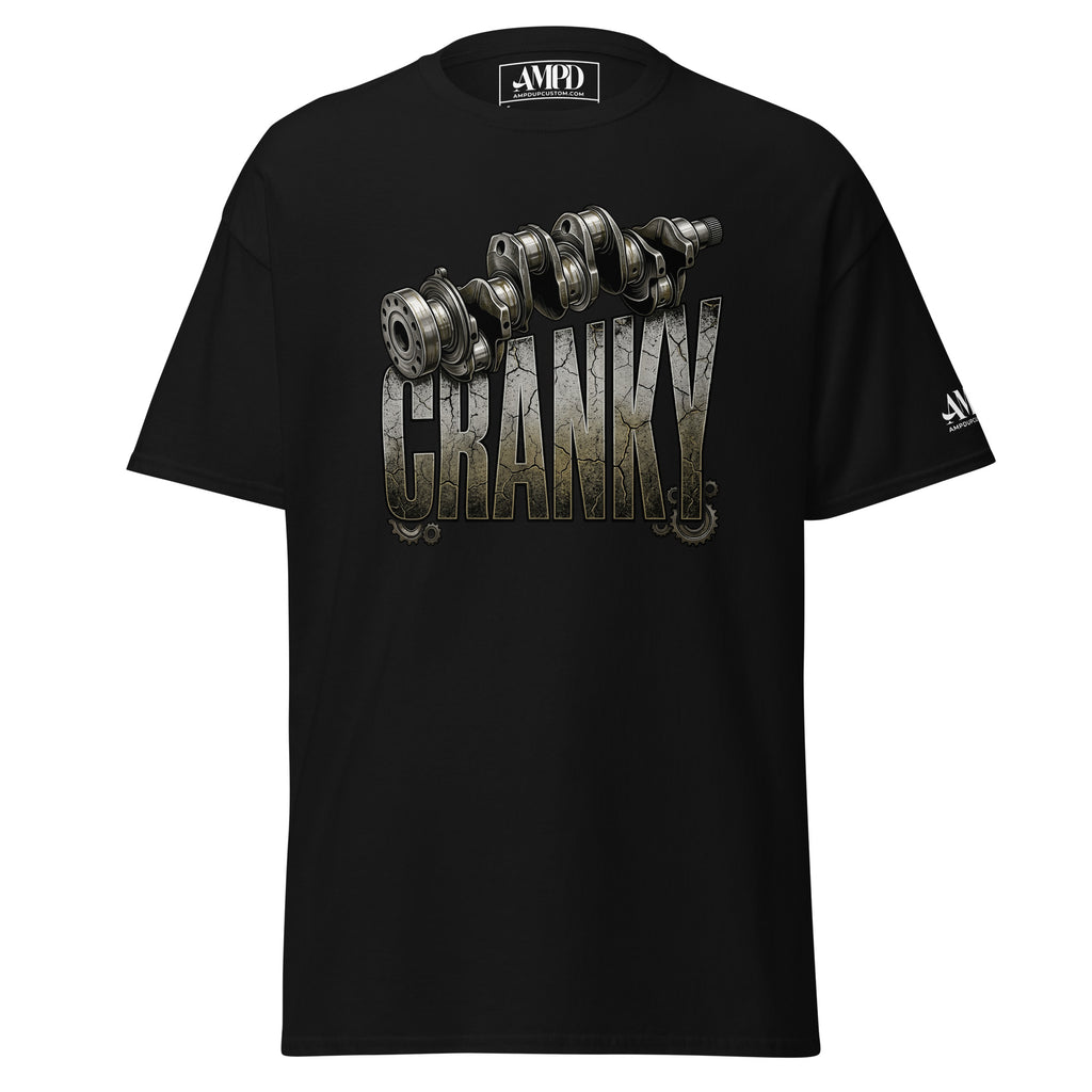Black t-shirt with a small logo on the chest against a white background