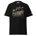 Black t-shirt with a small logo on the chest against a white background