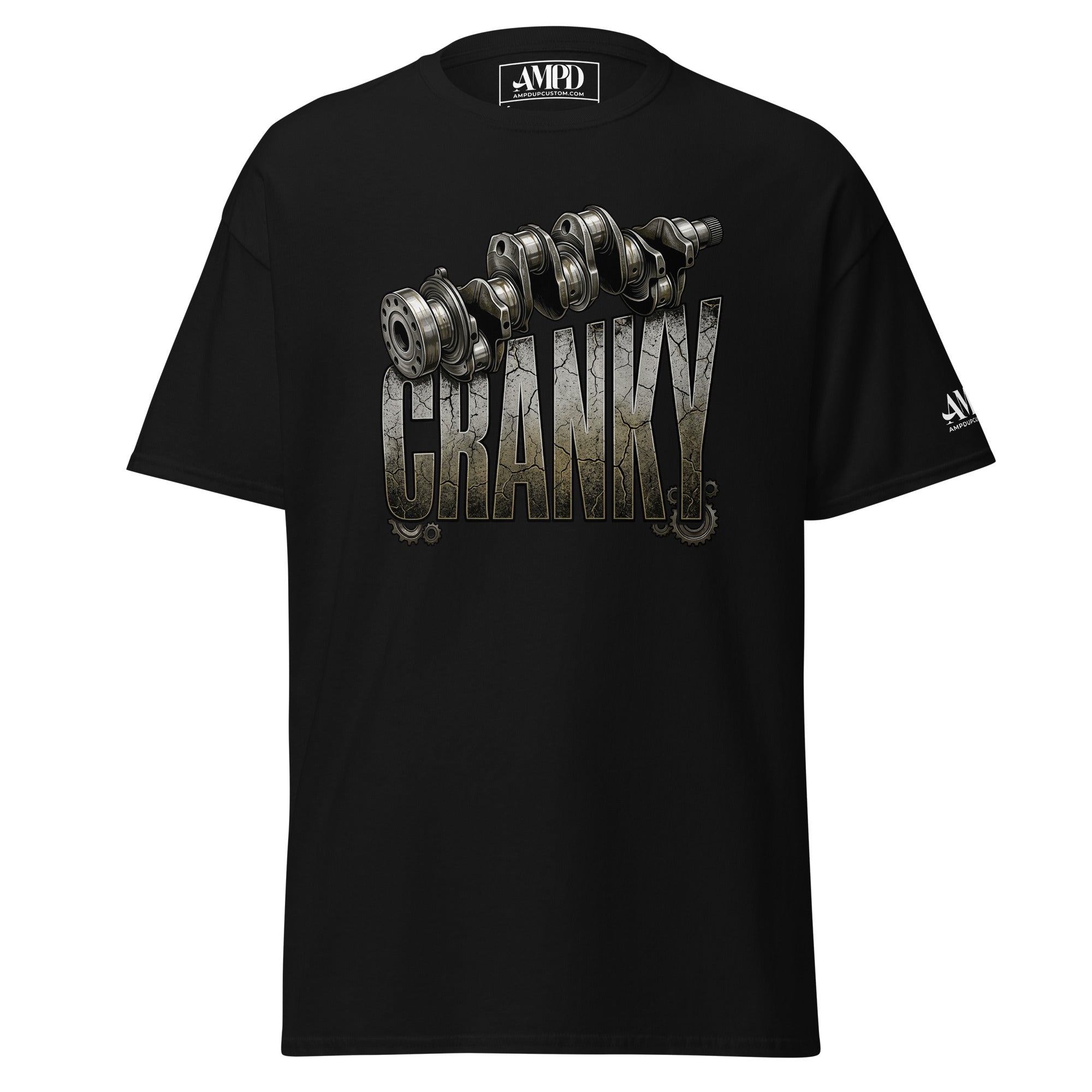 Black t-shirt with a small logo on the chest against a white background