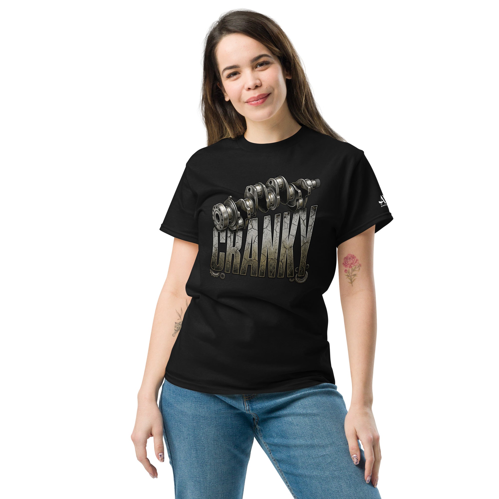 Person wearing a black t-shirt with colorful gummy bear graphics and text on a white background