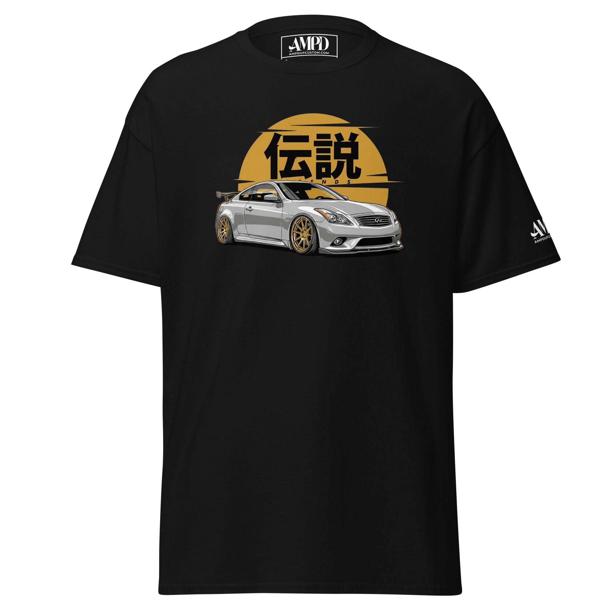 Black t-shirt with a car graphic and 'AMPRO' branding on a white background