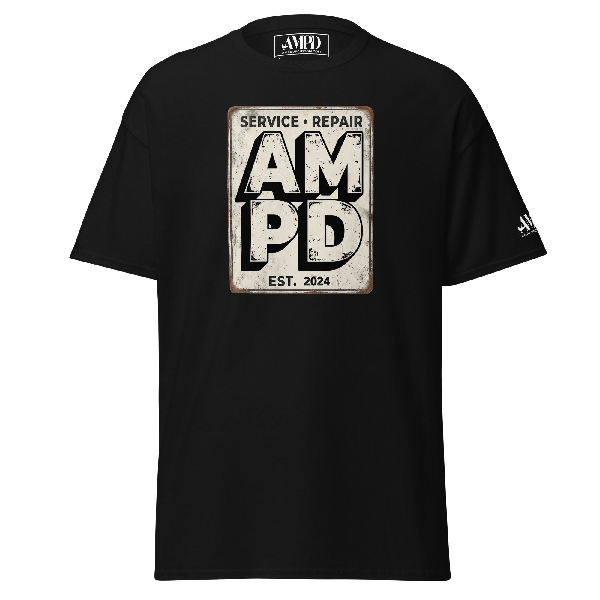 Black t-shirt with a graphic design featuring a woman, playing cards, and text on a white background.