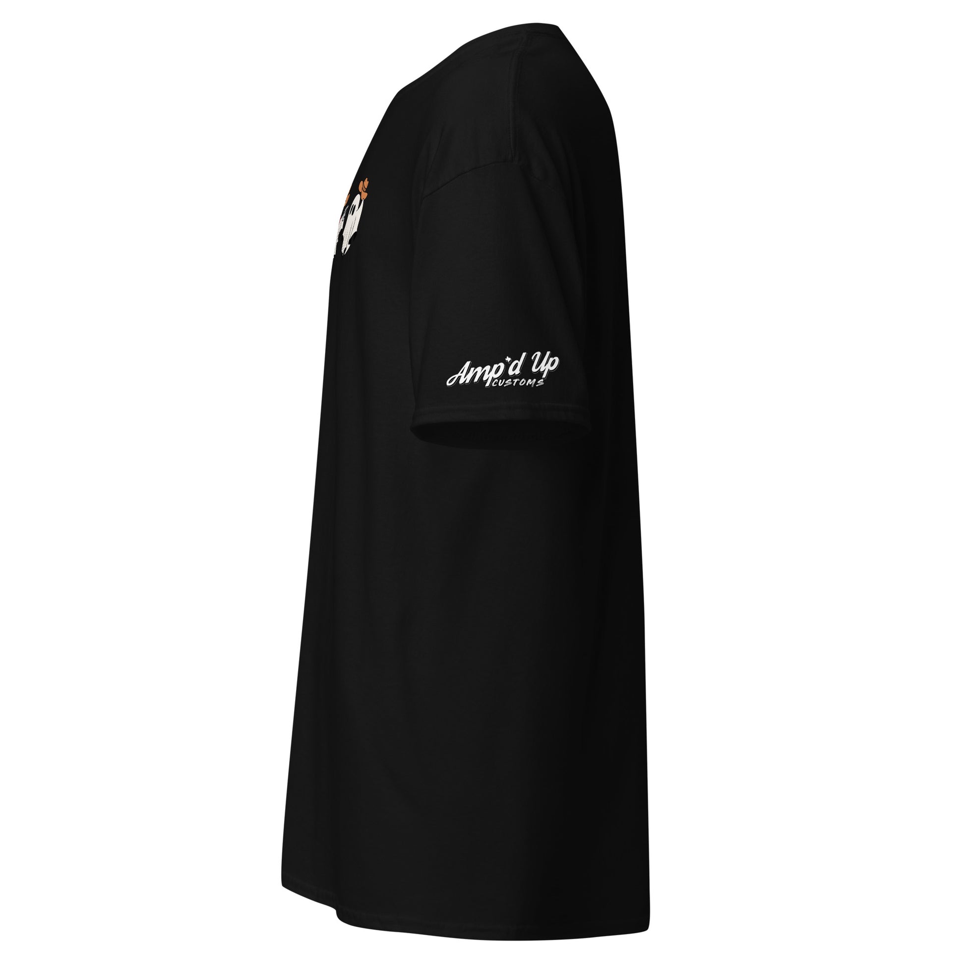 Black Cowboy Ghosts T-Shirt by Amp'd Up Custom shown from side with logo on sleeve
