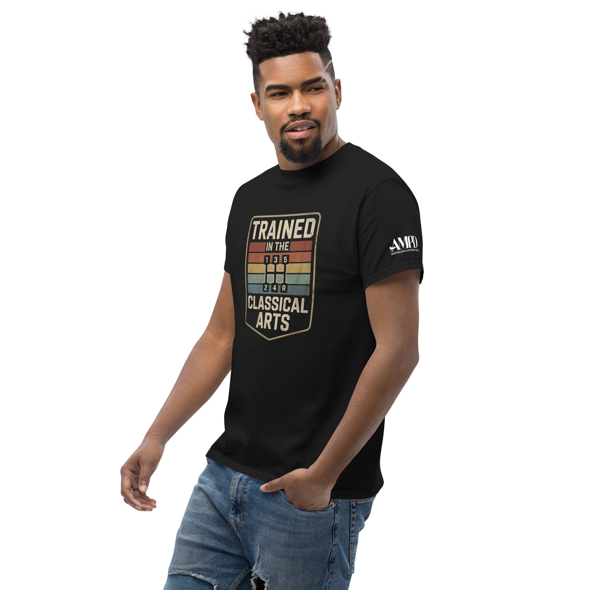 Man wearing a black t-shirt with text and graphics on a white background