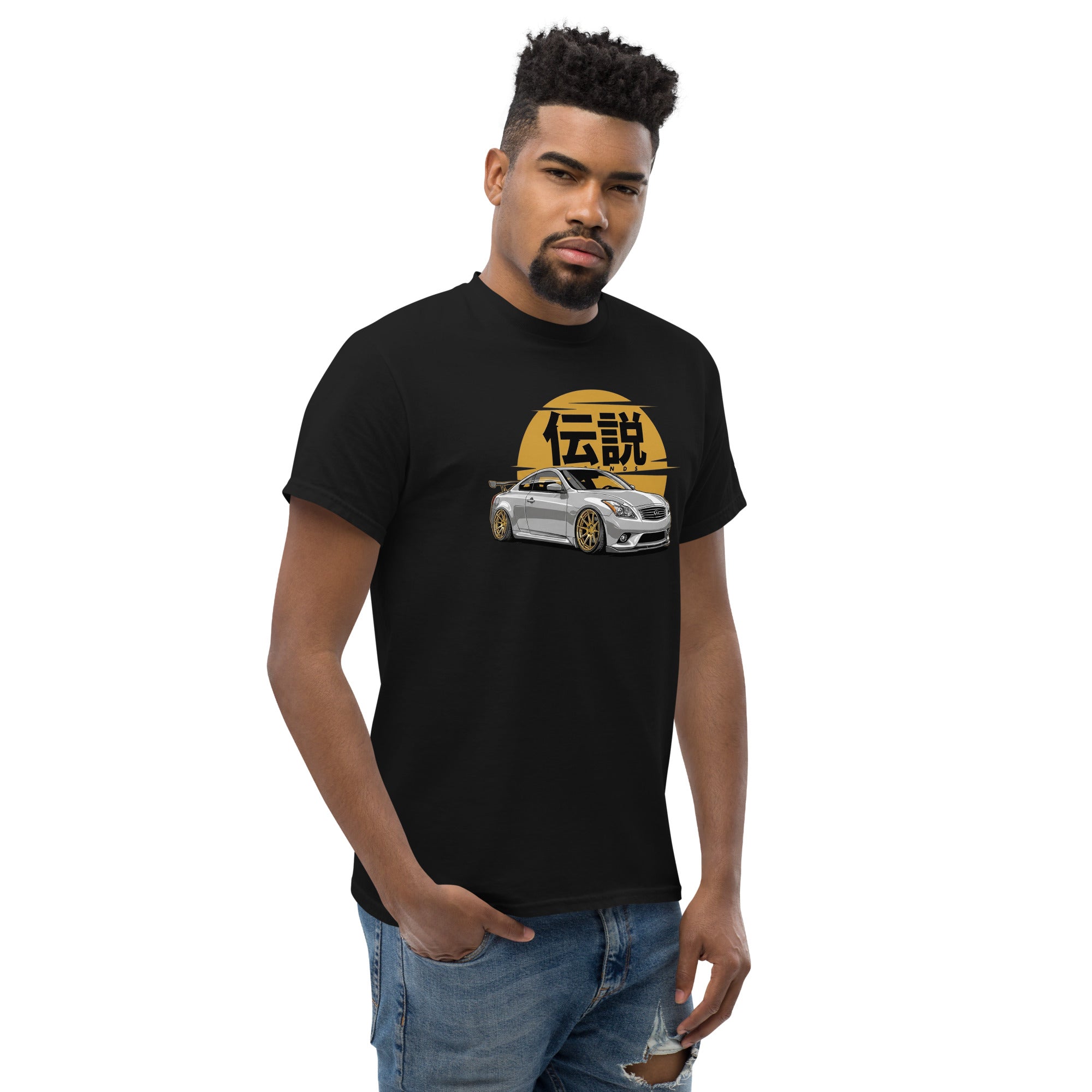 Man wearing a black t-shirt with a graphic design on a white background
