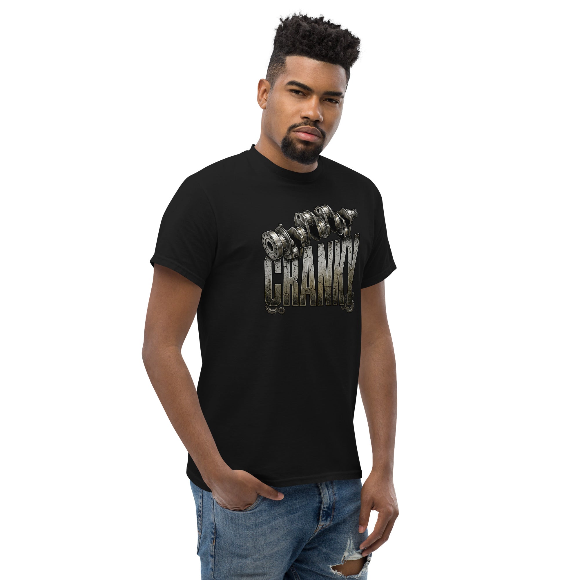 Man wearing a black t-shirt with text on a white background