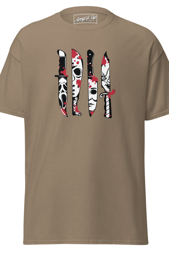 Amp'd Up Custom Horror Movie Classic Knives T-Shirt with horror character knife designs on brown fabric
