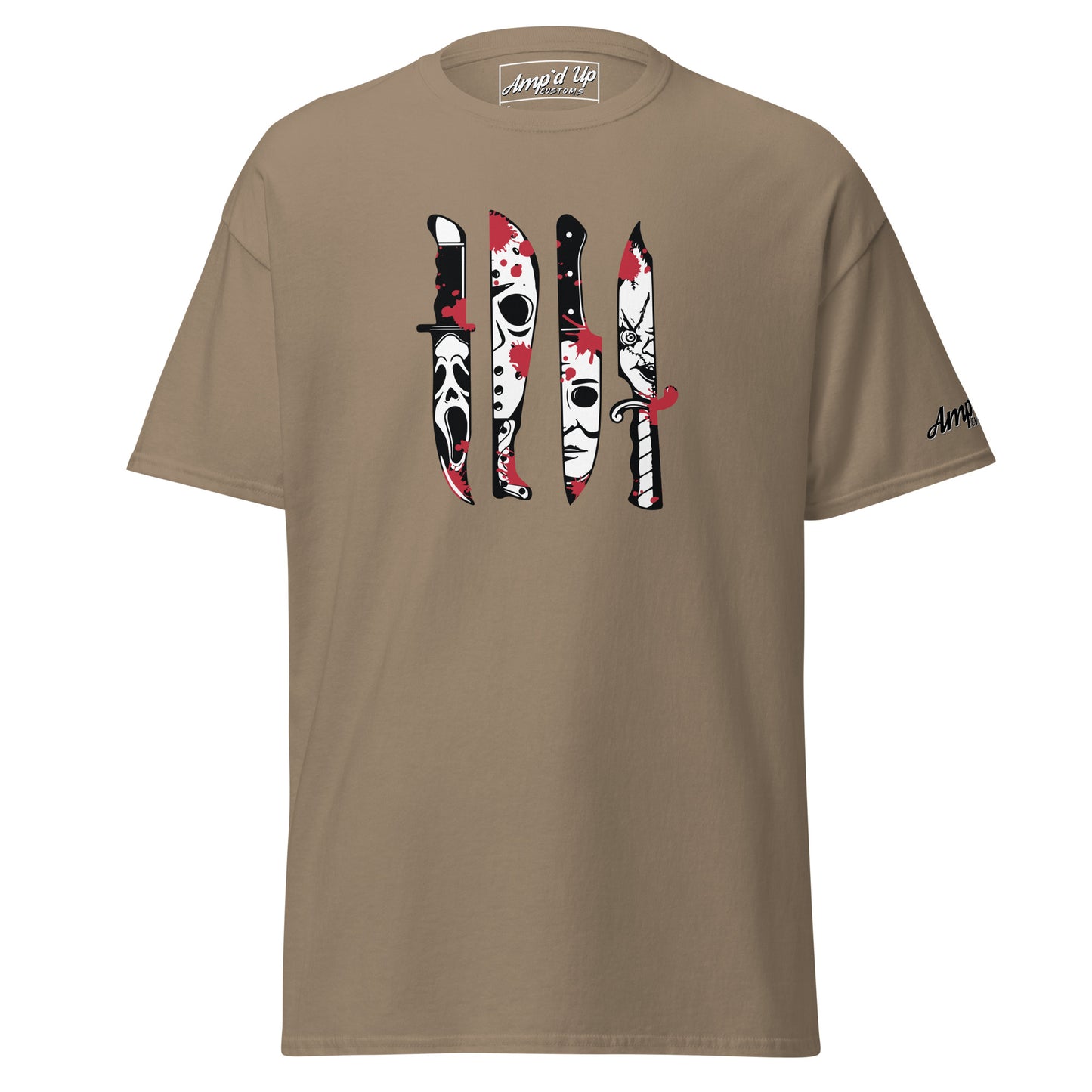 Amp'd Up Custom Horror Movie Classic Knives T-Shirt with horror character knife designs on brown fabric