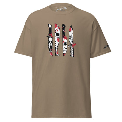 Amp'd Up Custom Horror Movie Classic Knives T-Shirt with horror character knife designs on brown fabric