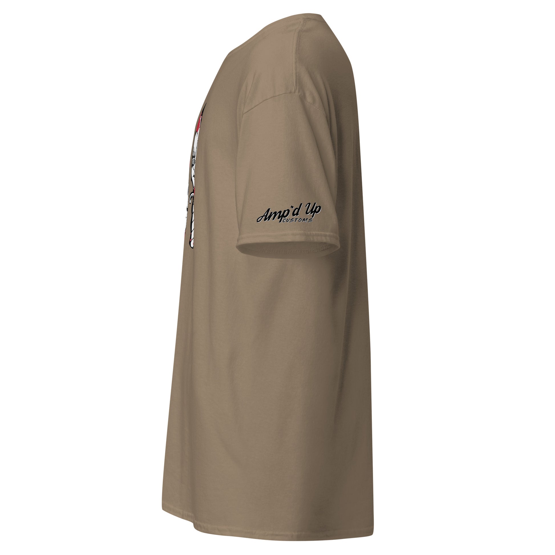 Side view of a brown Amp'd Up Custom Horror Movie Classic Knives T-Shirt with logo on sleeve