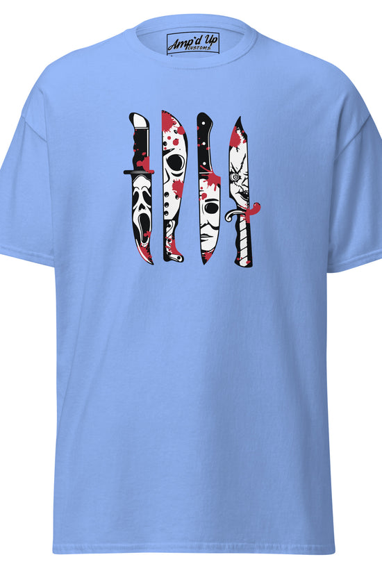 Amp'd Up Custom blue Horror Movie Classic Knives T-Shirt with graphic horror knife designs and blood splatter