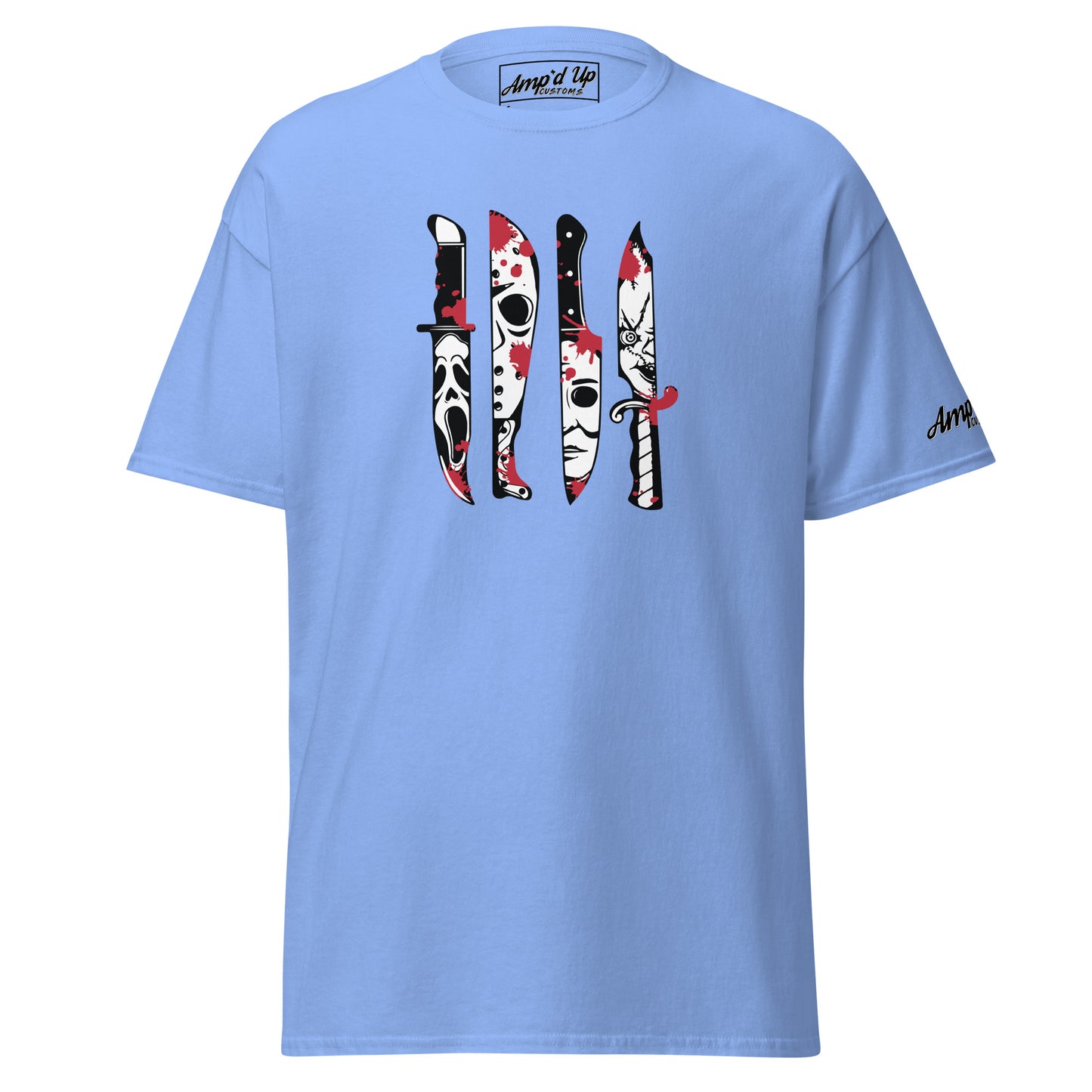 Amp'd Up Custom blue Horror Movie Classic Knives T-Shirt with graphic horror knife designs and blood splatter