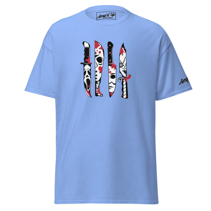 Amp'd Up Custom blue Horror Movie Classic Knives T-Shirt with graphic horror knife designs and blood splatter