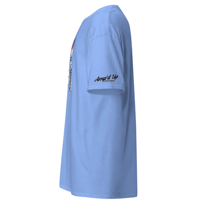Light blue Horror Movie Classic Knives T-Shirt by Amp'd Up Custom showing side view with logo on sleeve