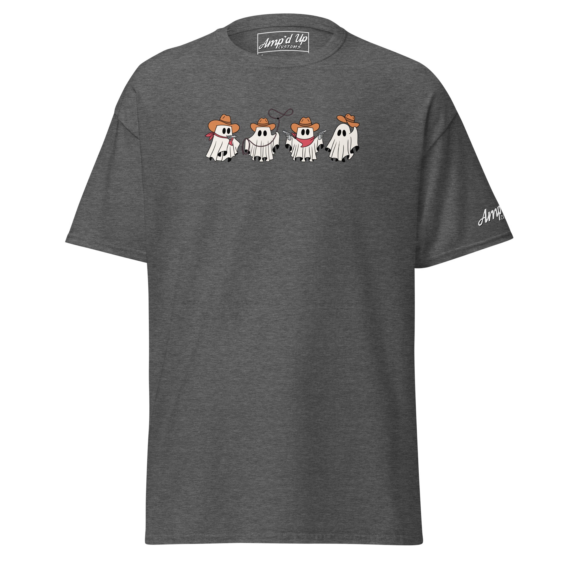 Amp'd Up Custom Cowboy Ghosts T-Shirt in dark gray with four cute cartoon ghost cowboys design