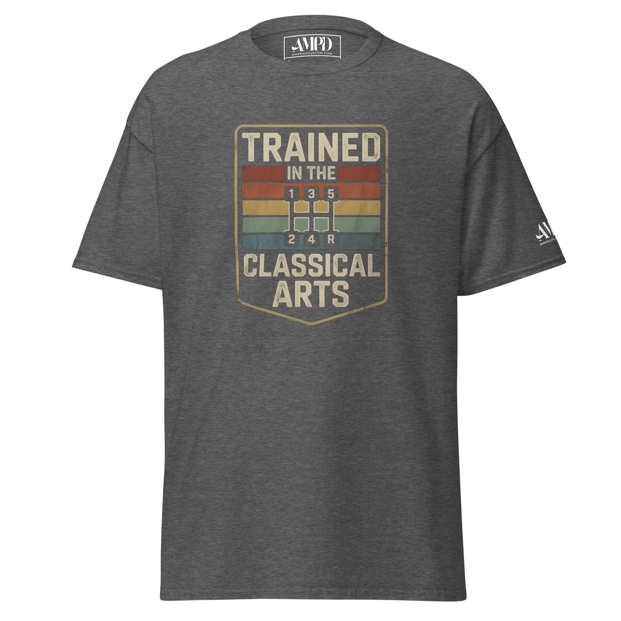 Gray t-shirt with a graphic design and text on a white background
