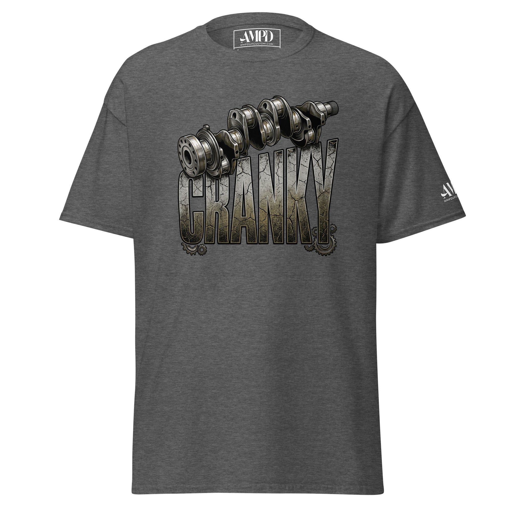 Gray t-shirt with engine crankshaft graphic and 'Granny' text on a white background
