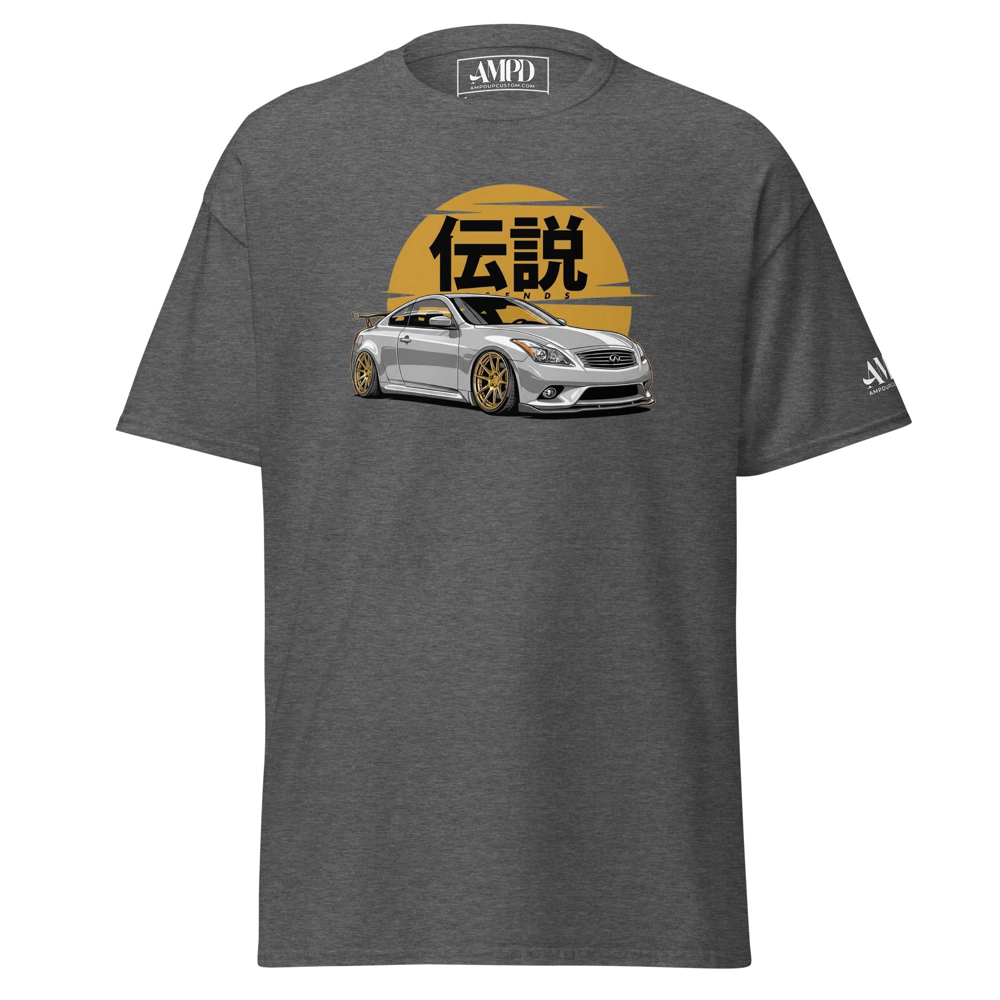 Gray t-shirt with a car graphic and 'AMPRO' branding on a white background