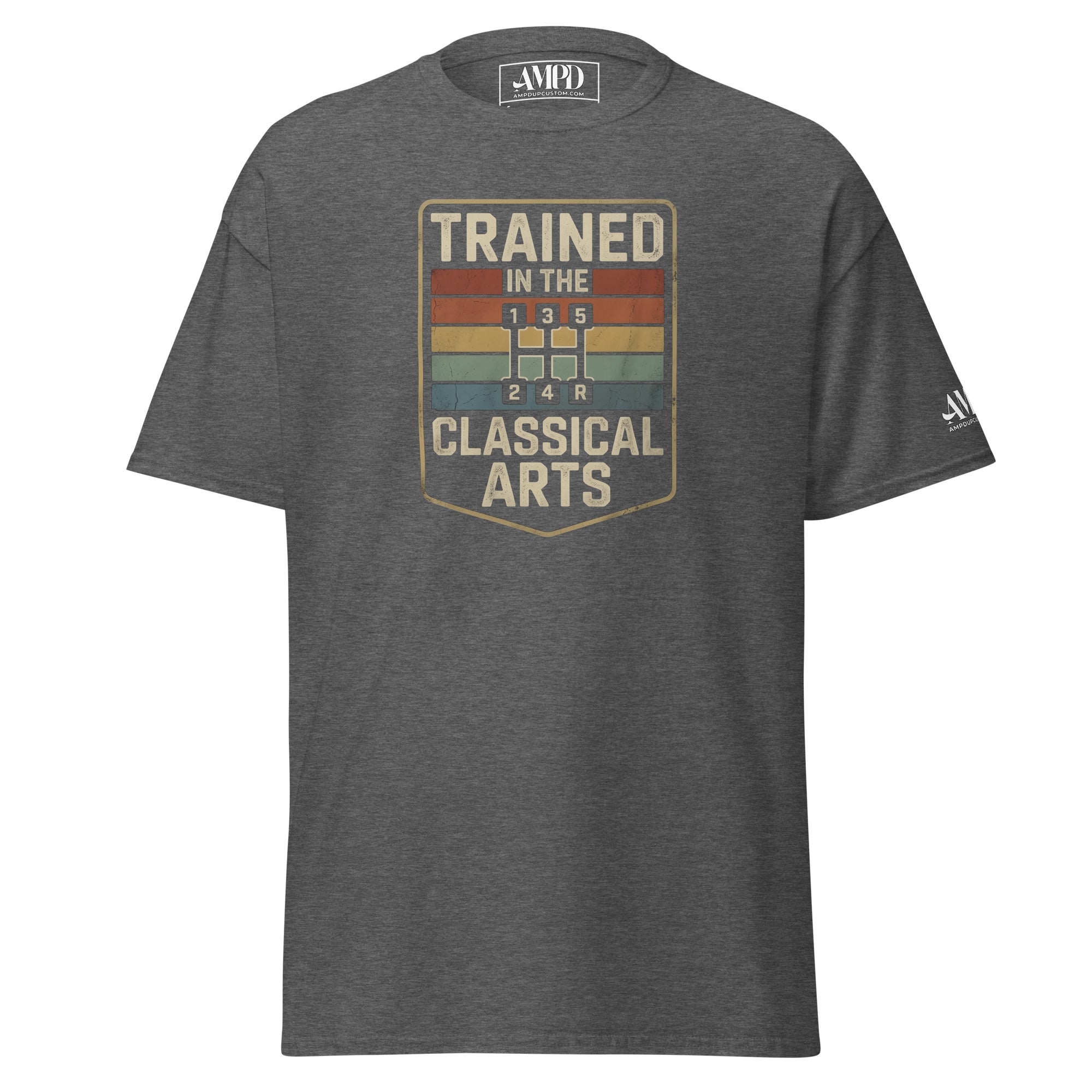 Gray t-shirt with 'Trained in the Classical Arts' graphic on a white background