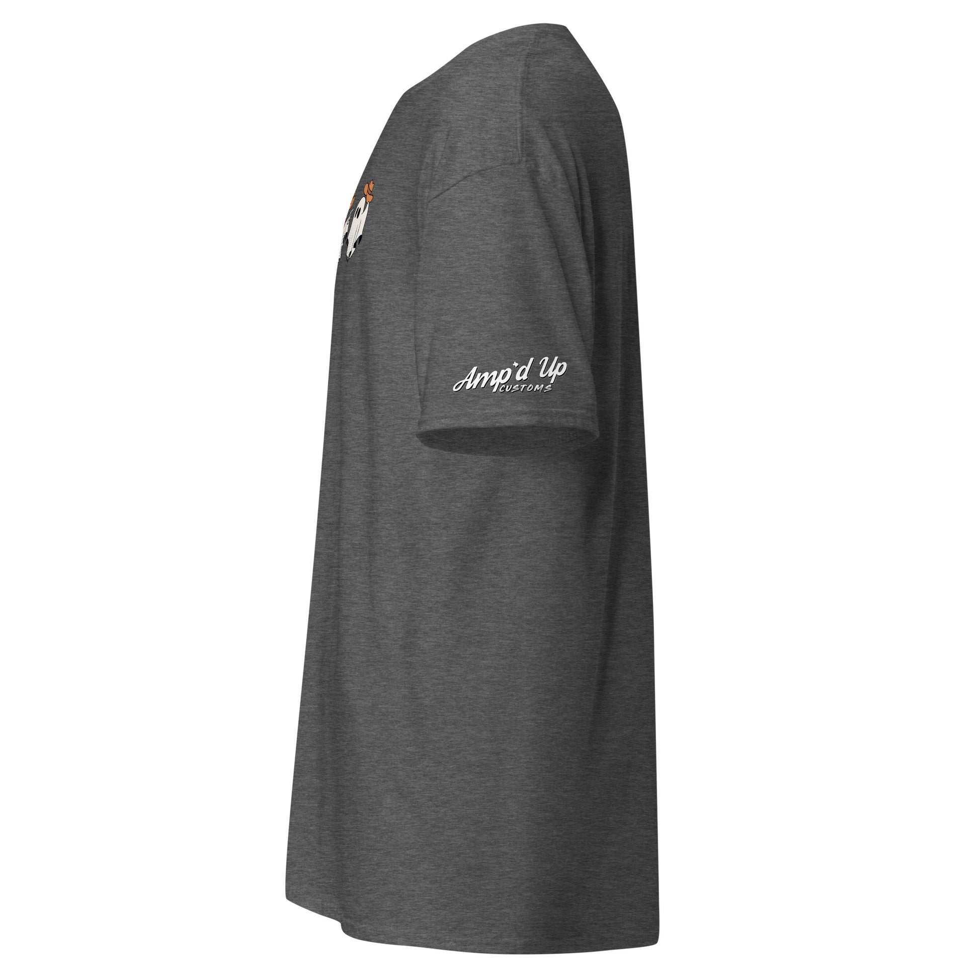 Dark gray Cowboy Ghosts T-Shirt by Amp'd Up Custom showing side view with logo on sleeve
