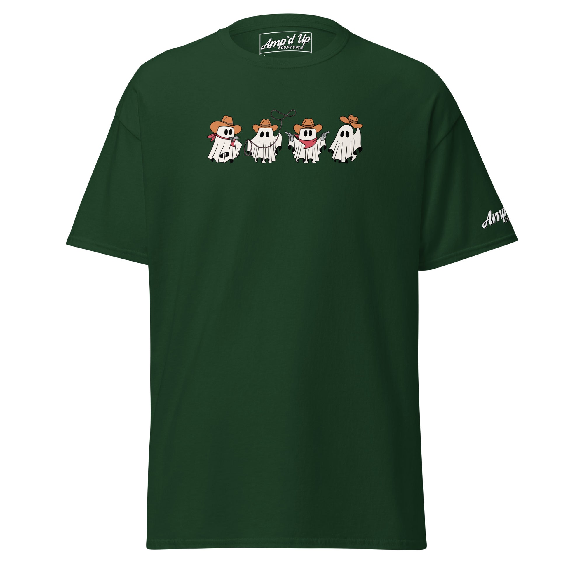 Green Cowboy Ghosts T-Shirt with four cartoon ghosts wearing cowboy hats by Amp'd Up Custom