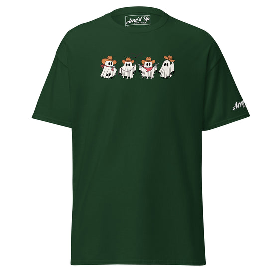 Green Cowboy Ghosts T-Shirt with four cartoon ghosts wearing cowboy hats by Amp'd Up Custom