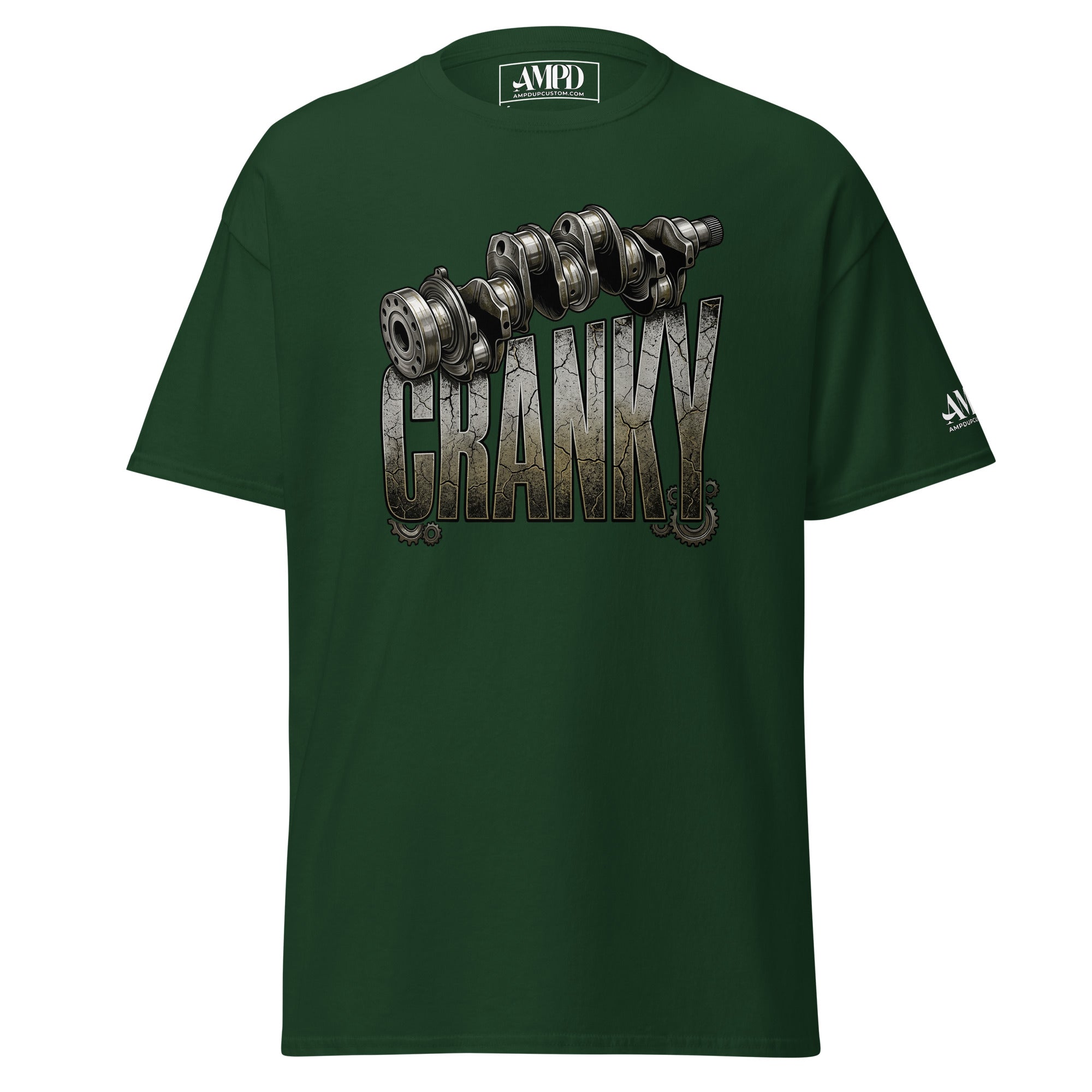 Green t-shirt with a logo on the chest against a white background