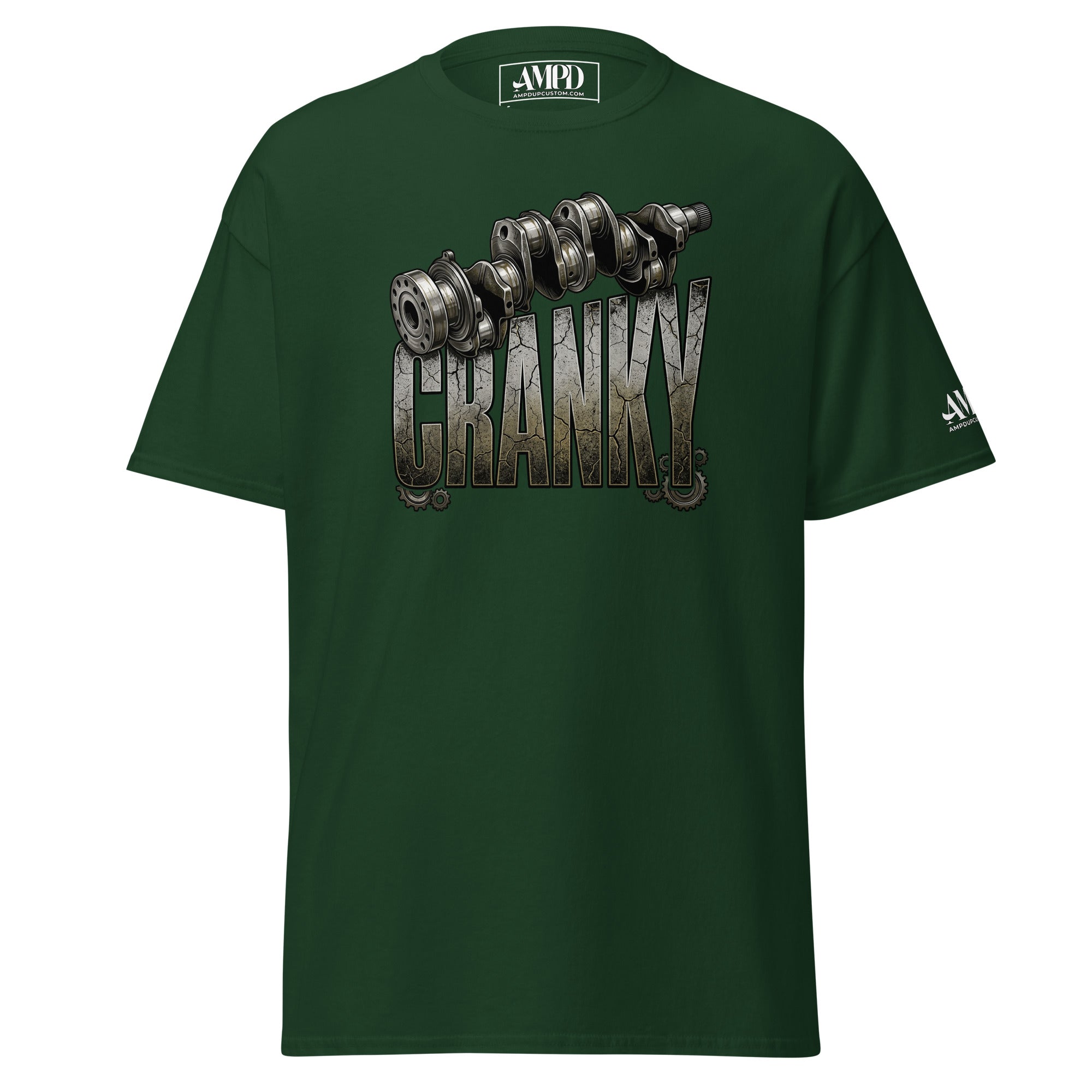 Green t-shirt with mechanical design and text on a white background