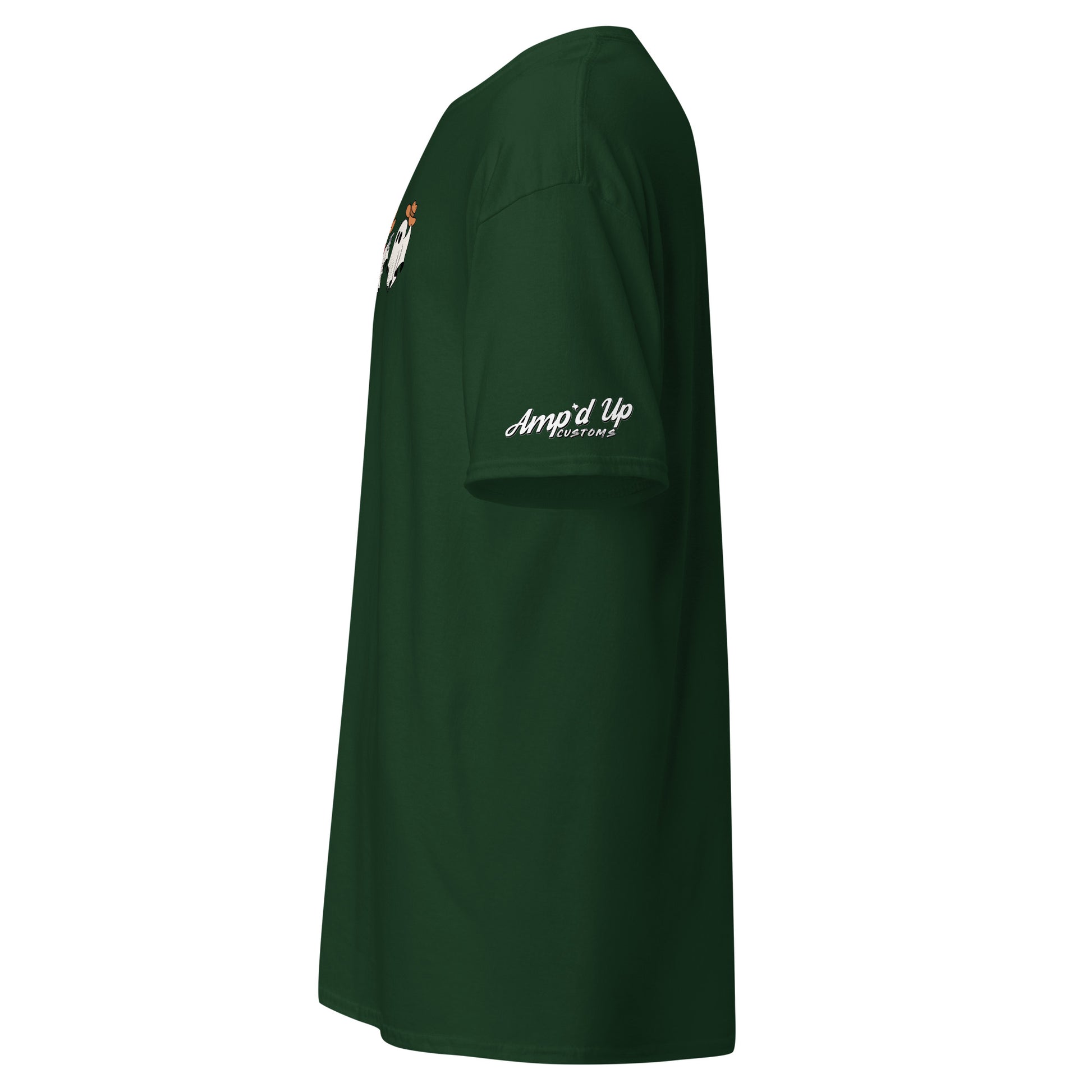 Green Amp'd Up Custom Cowboy Ghosts T-Shirt side view with logo on sleeve