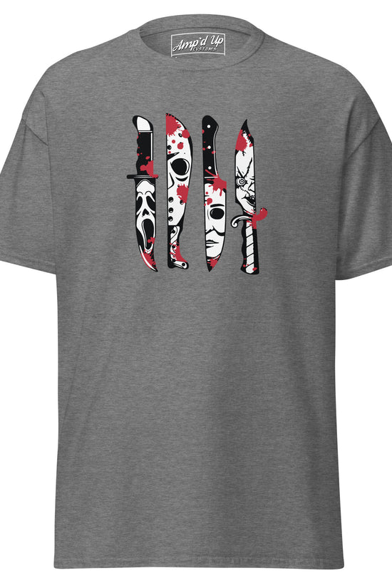 Amp'd Up Custom gray Horror Movie Classic Knives T-Shirt with blood-splattered horror mask knife designs