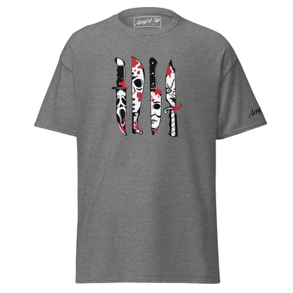 Amp'd Up Custom gray Horror Movie Classic Knives T-Shirt with blood-splattered horror mask knife designs