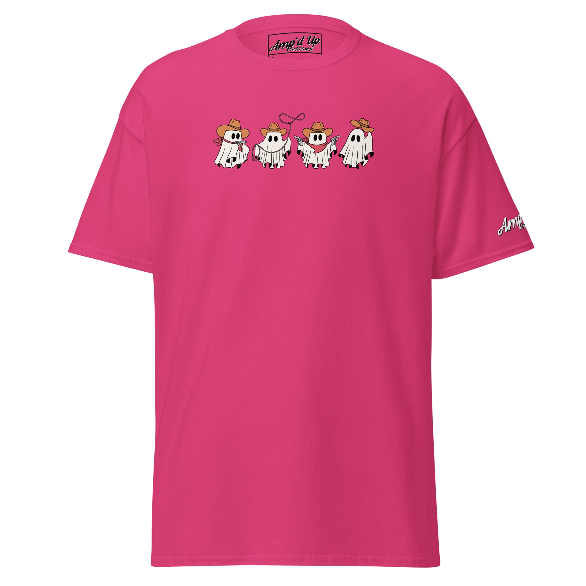 Pink Amp'd Up Custom Cowboy Ghosts T-Shirt with four cartoon ghost cowboys wearing hats