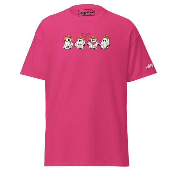 Pink Amp'd Up Custom Cowboy Ghosts T-Shirt with four cartoon ghost cowboys wearing hats
