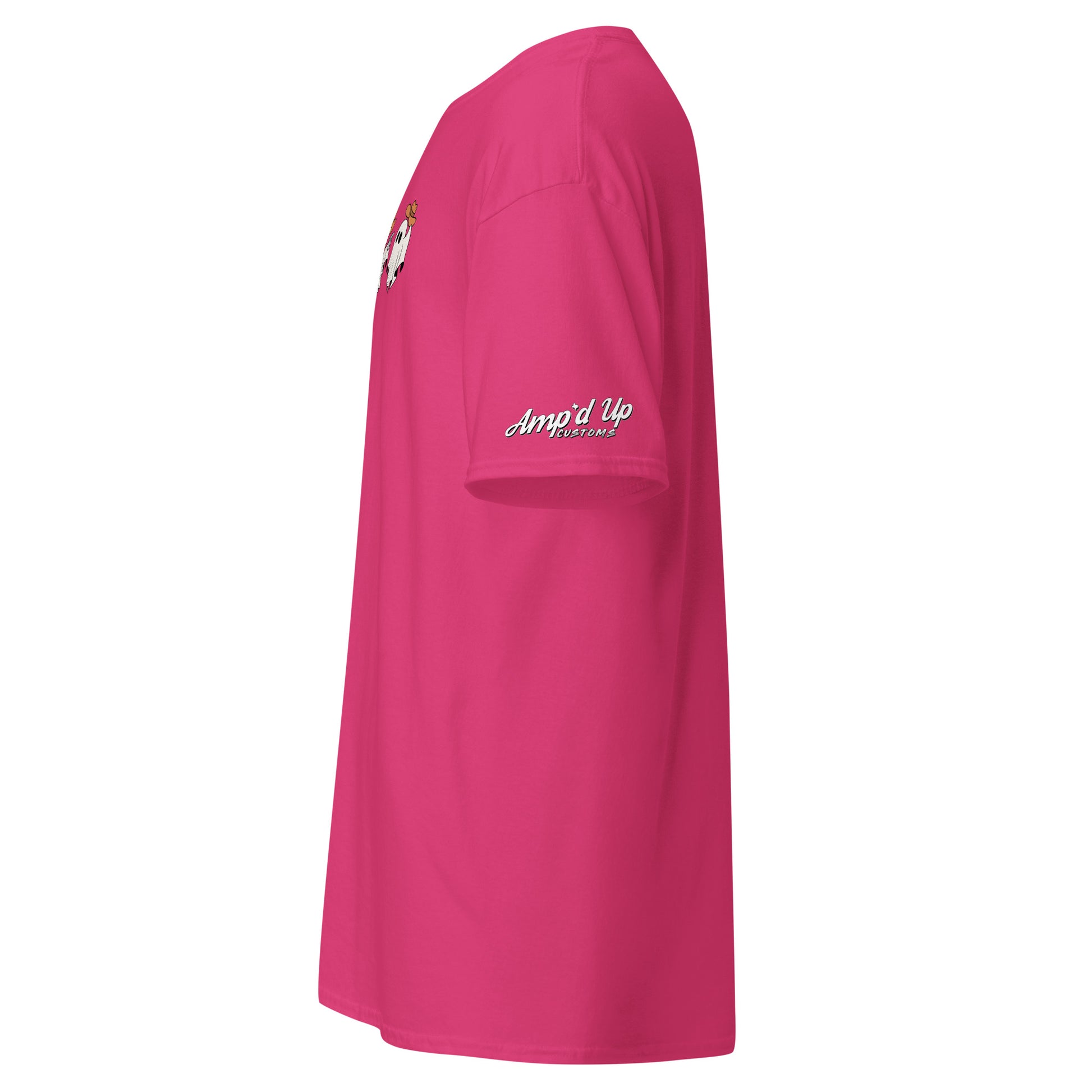 Side view of pink Amp'd Up Custom Cowboy Ghosts T-Shirt with logo on sleeve and ghost graphic