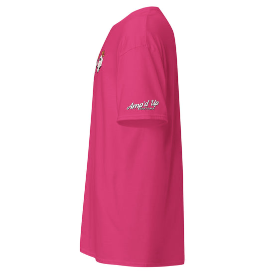 Side view of pink Amp'd Up Custom Cowboy Ghosts T-Shirt with logo on sleeve and ghost graphic