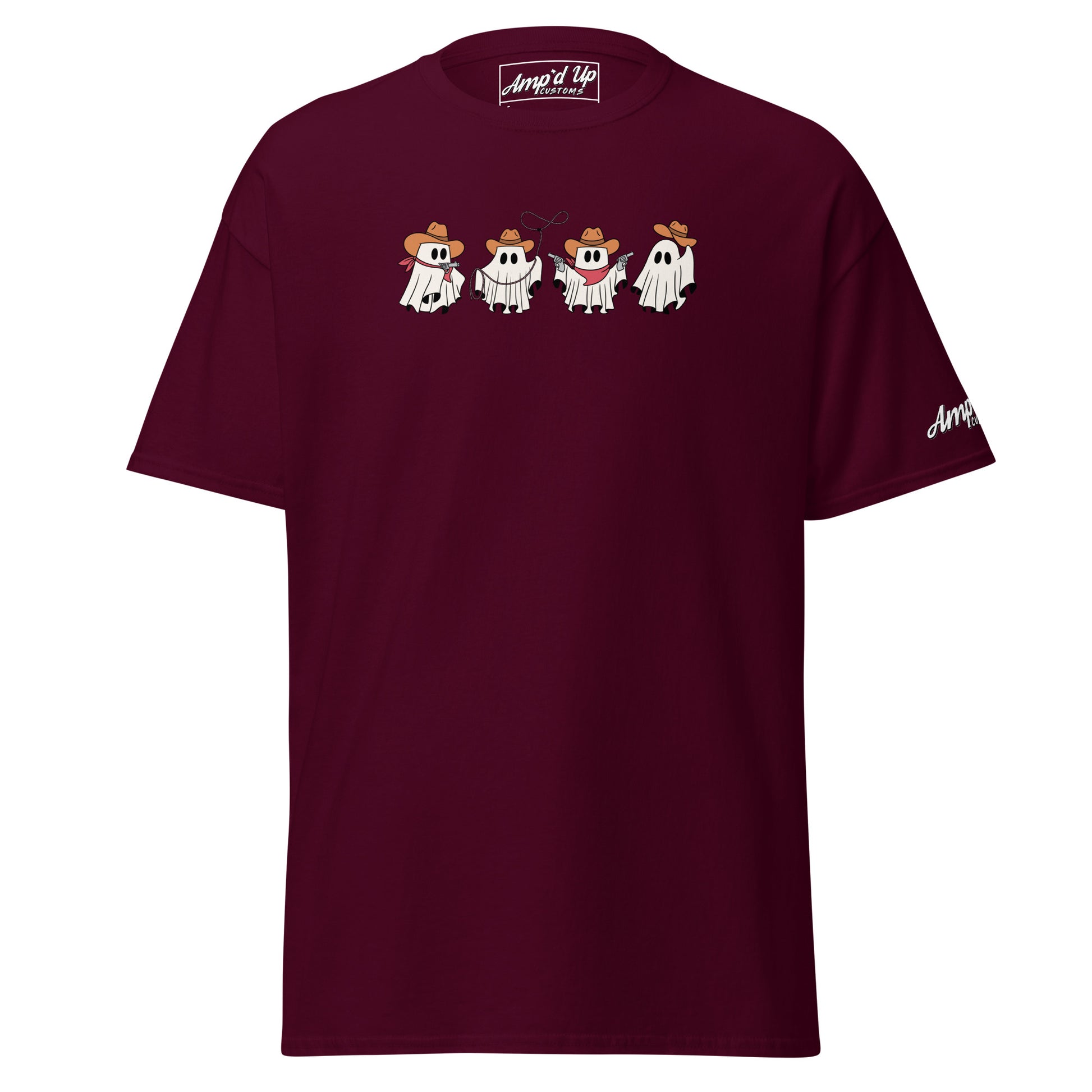 Maroon Amp'd Up Custom Cowboy Ghosts T-Shirt featuring four cartoon ghost cowboys wearing hats