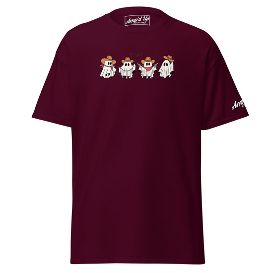 Maroon Amp'd Up Custom Cowboy Ghosts T-Shirt featuring four cartoon ghost cowboys wearing hats