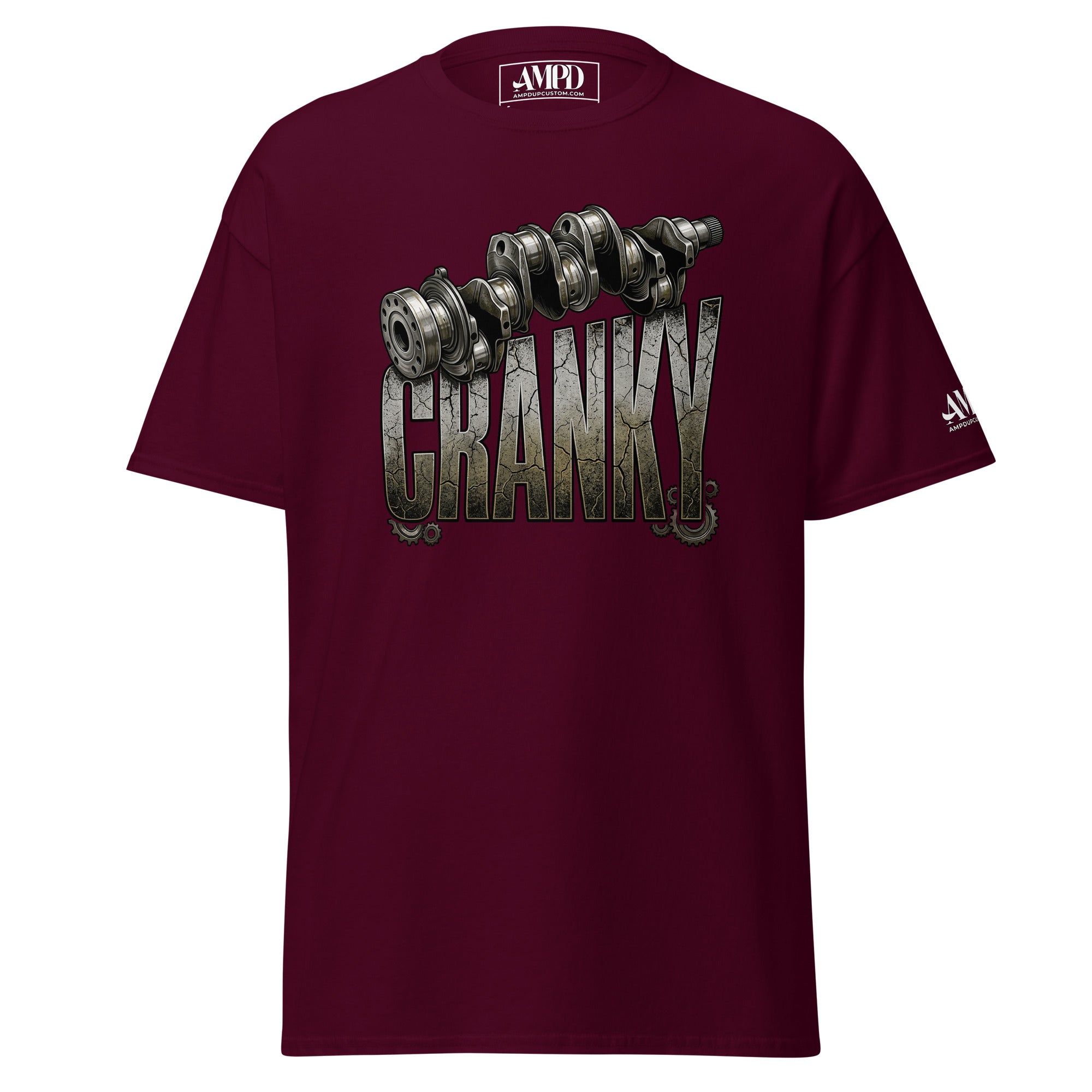 Maroon t-shirt with ' cranky' graphic design on a white background